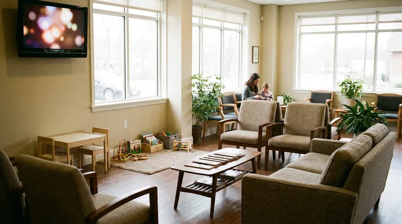Warm, family-friendly dental waiting area with a small children corner