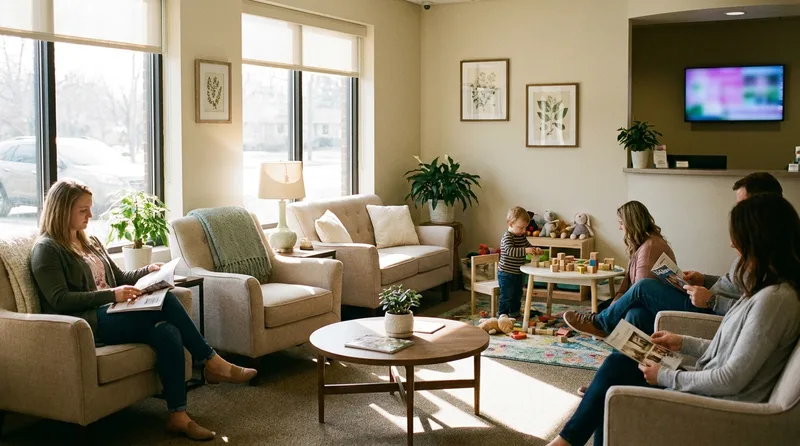 Warm, family-friendly dental waiting area with a small children corner