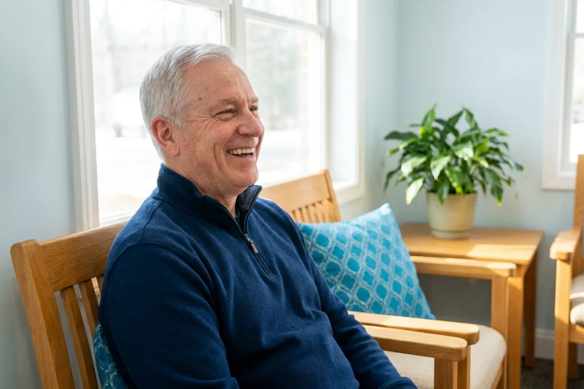 A smiling patient relaxing in our waiting area